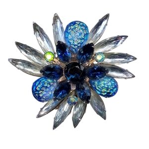 Vintage Flower Layered Blue, Multi-Tone Navette Rhinestones Pearl 3 Inch Brooch